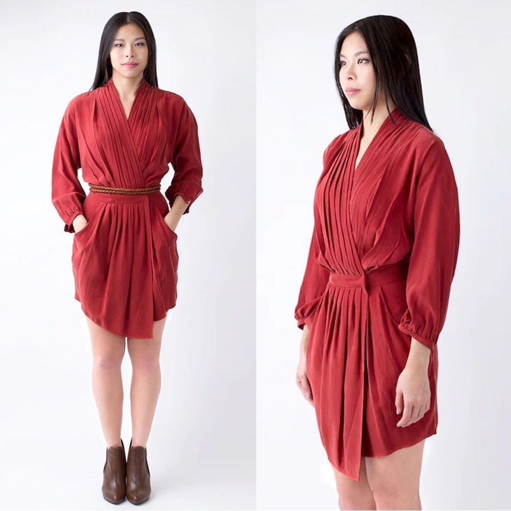 EVER • Whitmore Dress silk charmeuse wrap pleated Rubia red mini cocktail draped